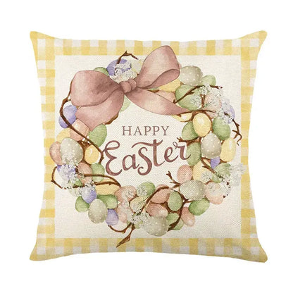 Square bunny rabbit linen cushion cover with cheerful easter wreath, pastel eggs, flowers, and gingham border for living room