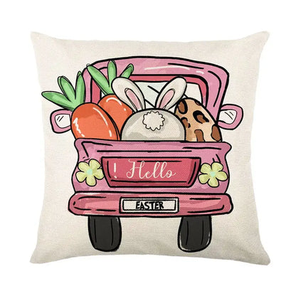 Beige easter bunny rabbit linen cushion cover with pink pickup truck, carrots, bunny ears, and patterned eggs design
