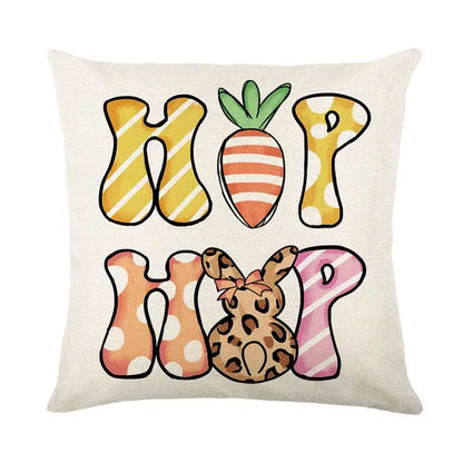 Cream-colored linen cushion cover featuring easter bunny rabbit design with hop hop text and floral bunny accents