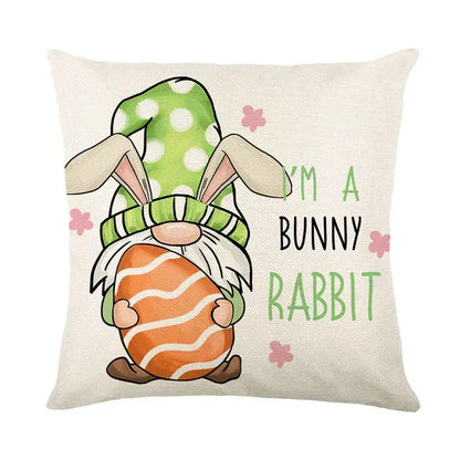 Beige linen cushion cover featuring a cartoon easter bunny rabbit with bunny ears and floral design for living room use