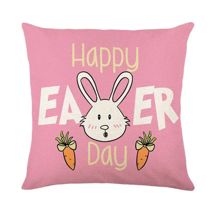 Pink easter bunny rabbit linen cushion cover with white cartoon bunny and carrots for living room decor