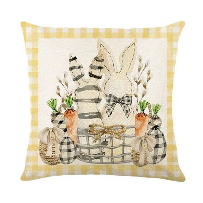 Yellow and white checkered bunny rabbit linen cushion cover with easter bunny rabbit surrounded by carrots and eggs in basket