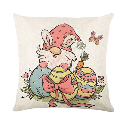 Beige linen cushion cover featuring a whimsical easter bunny rabbit with flowers butterflies and colorful eggs