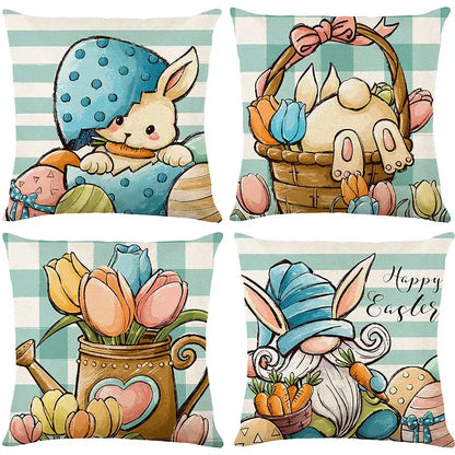 Set of four easter bunny rabbit linen cushion covers with cartoon bunnies and tulips on light blue checkered background
