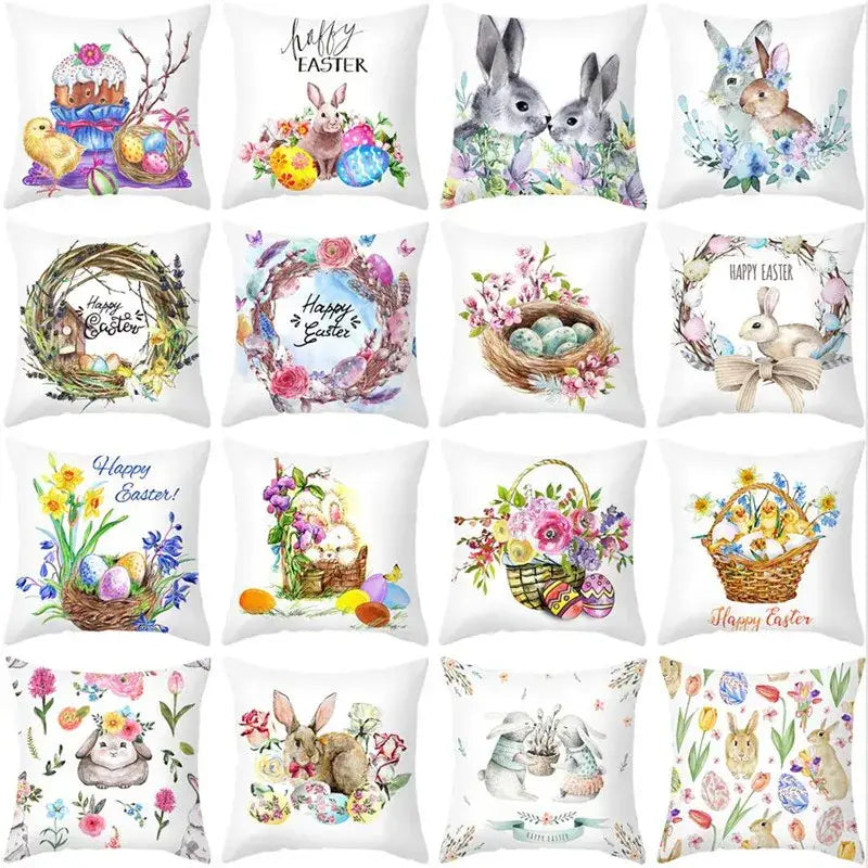 A collection of white easter rabbit and eggs pillowcases with colorful bunny and floral illustrations for home decor