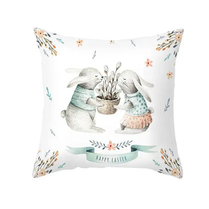 White cushion easter rabbit and eggs pillowcase with pastel rabbit illustration and floral home decor accents