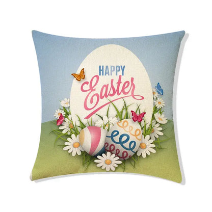 A square rabbit eggs linen pillowcase set featuring easter rabbit eggs and colorful decorated eggs on light blue background
