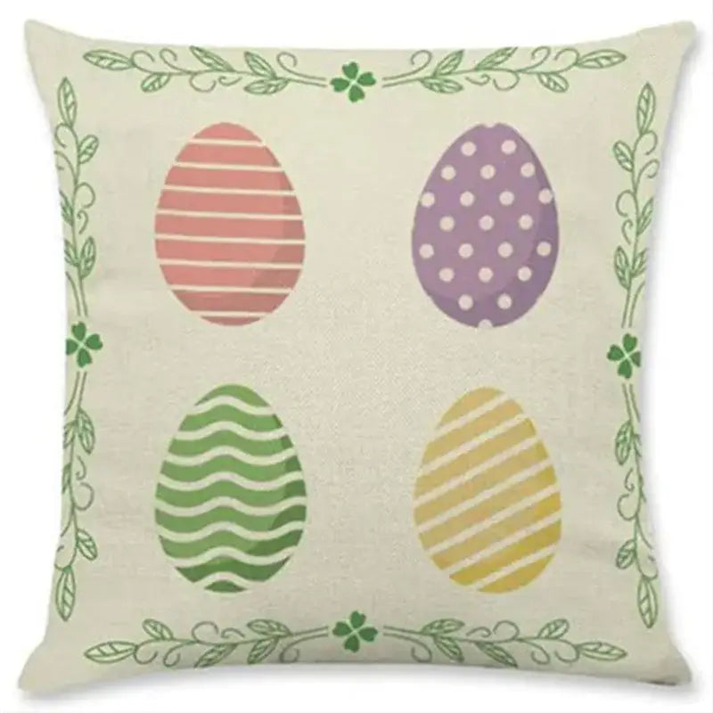 Beige linen eggs linen pillowcase set featuring colorful easter rabbit eggs with green leafy borders for living room decor