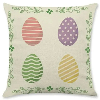 Beige linen eggs linen pillowcase set featuring colorful easter rabbit eggs with green leafy borders for living room decor