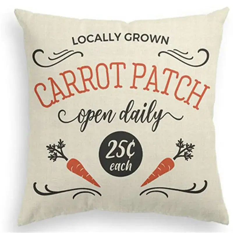 Cream-colored cotton eggs linen pillowcase with rustic orange carrot patch and decorative swirls for easter rabbit eggs decor