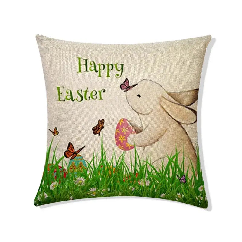 Beige linen easter rabbit eggs pillowcase set featuring cartoon bunny with pink egg and butterflies for living room decor