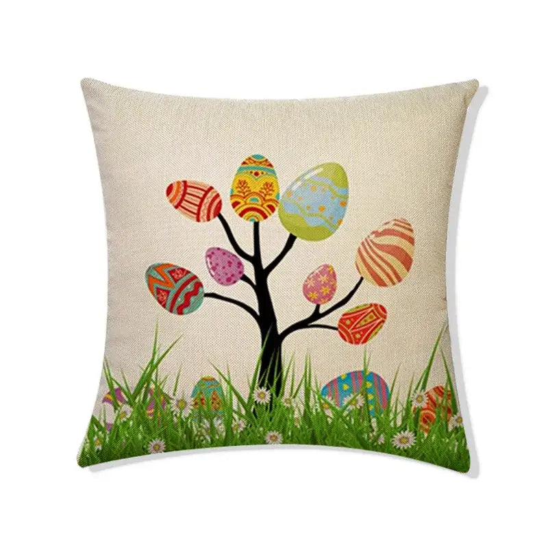 Beige linen eggs linen pillowcase featuring black tree with colorful rabbit eggs and grassy field for living room decor