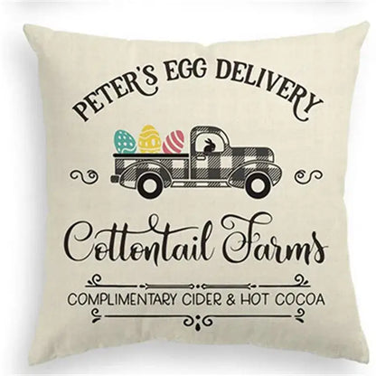 Beige rabbit eggs linen throw pillow featuring a checkered truck with colorful easter eggs for living room decor