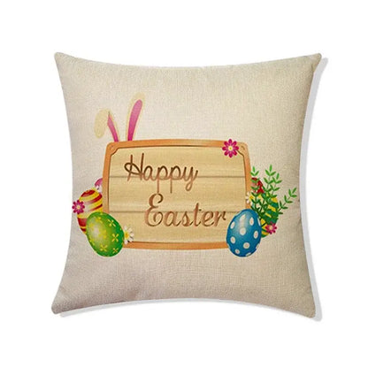 Beige linen eggs linen pillowcase featuring a wooden happy easter sign with rabbit ears and colorful decorated eggs