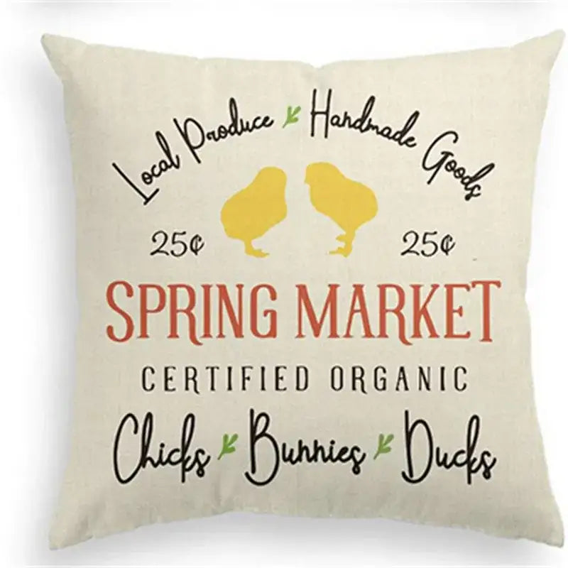 Cream-colored organic cotton eggs linen pillowcase with vintage spring market design featuring chicks and text for living room decor