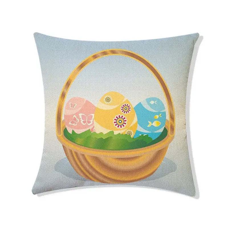 Light blue rabbit eggs linen pillowcase featuring colorful easter basket with three decorated eggs and green grass