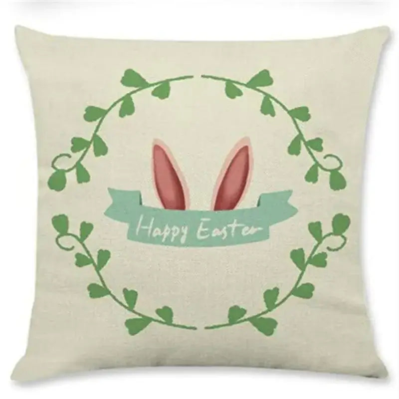 Beige linen eggs linen pillowcase featuring pink bunny ears and green wreath with happy easter banner for living room decor