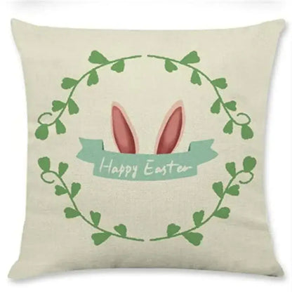 Beige linen eggs linen pillowcase featuring pink bunny ears and green wreath with happy easter banner for living room decor