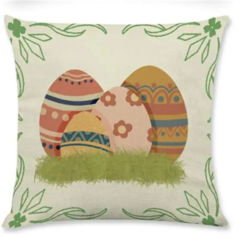 Easter rabbit eggs linen pillowcase set featuring three patterned peach orange and cream eggs on beige with green floral border
