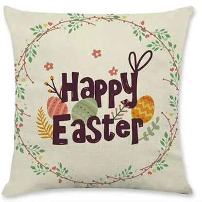 Beige linen eggs linen pillowcase with happy easter print and wreath of leaves for easter rabbit eggs decor