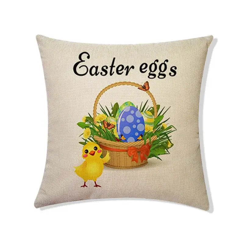 Beige linen eggs linen pillowcase featuring easter rabbit eggs scene with wicker basket colorful eggs greenery and chick