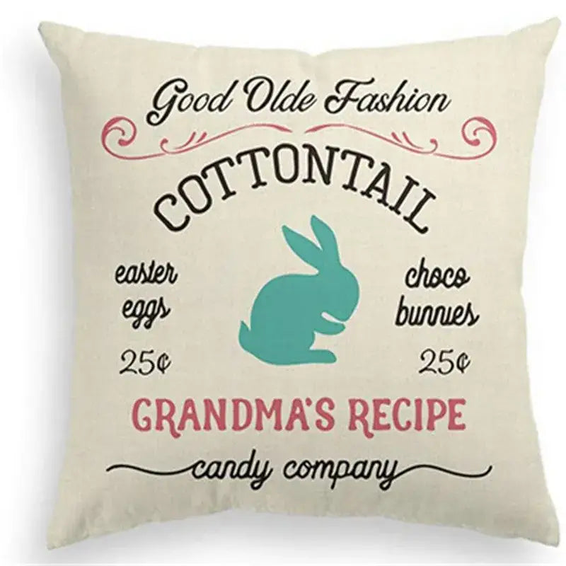 Cream-colored cotton eggs linen pillowcase featuring a teal bunny silhouette and vintage-style text for easter rabbit eggs decor