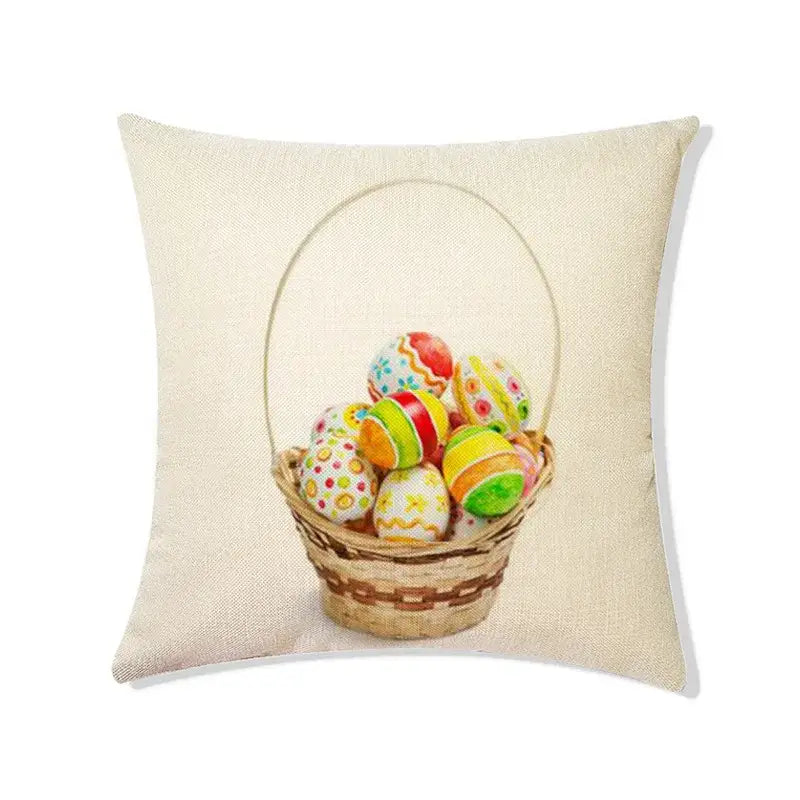 Beige linen eggs linen pillowcase featuring easter rabbit eggs in a woven wicker basket for living room decor