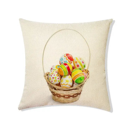 Beige linen eggs linen pillowcase featuring easter rabbit eggs in a woven wicker basket for living room decor