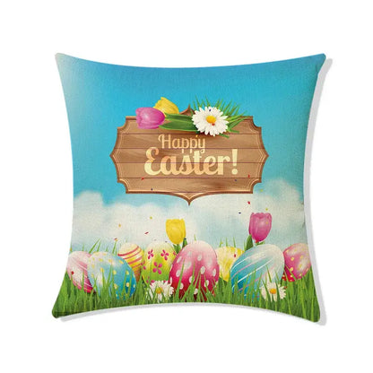 Easter rabbit eggs linen pillowcase set featuring a square pillow with happy easter wooden sign and colorful eggs decor