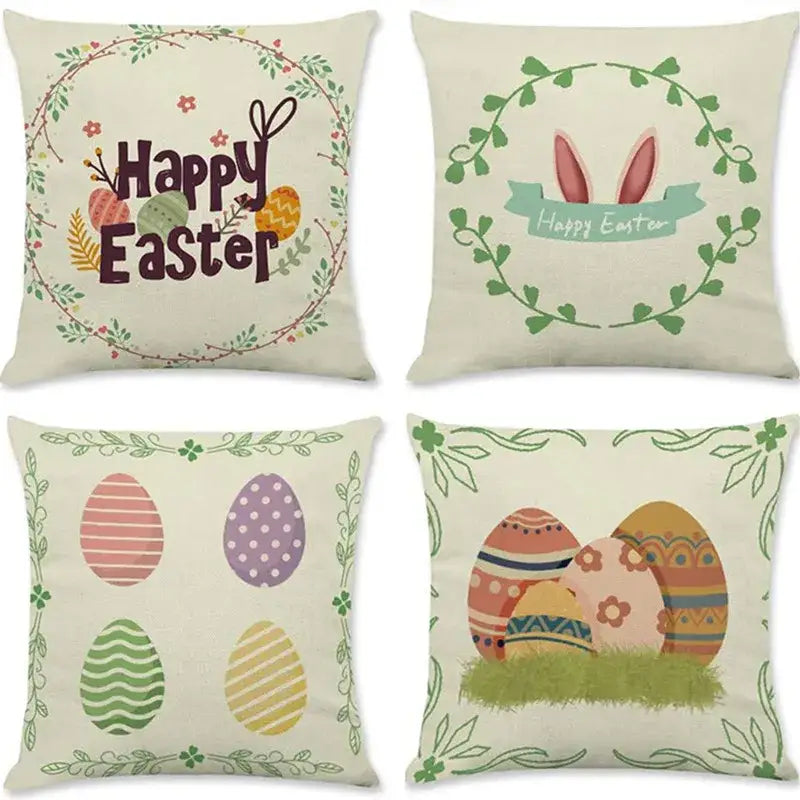 Set of four cream-colored cotton eggs linen pillowcases with colorful easter rabbit eggs and green leafy borders for living room decor