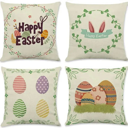Set of four cream-colored cotton eggs linen pillowcases with colorful easter rabbit eggs and green leafy borders for living room decor