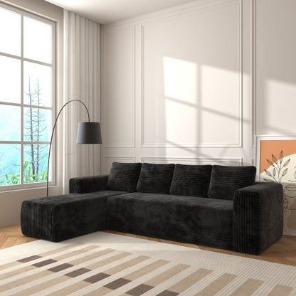 Cloud-Sofagarnitur mit L-förmiger Chaise, Moderne modulare Sitzbank mit tiefer Sitzfläche, Bezogene Sofas mit rechtsgerichteter Chaise für Wohnzimmer und Schlafzimmer, Keine Montage erforderlich, Schwarzer Plüsch-Cordstoff