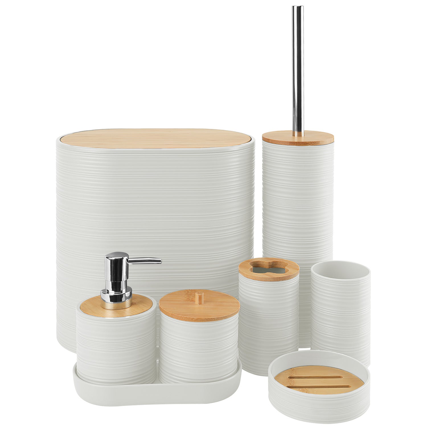 5 Farboptionen -- Set aus 8 Teilen Badezimmerezubehör-Set Badezimmerhalter-Set mit Seifenspender Zahnbürstenhalter Becher Seifenschale Toilettenreinigungsbürste Mülleimer Wattestäbchenhalter Schminktischtablett für Zuhause