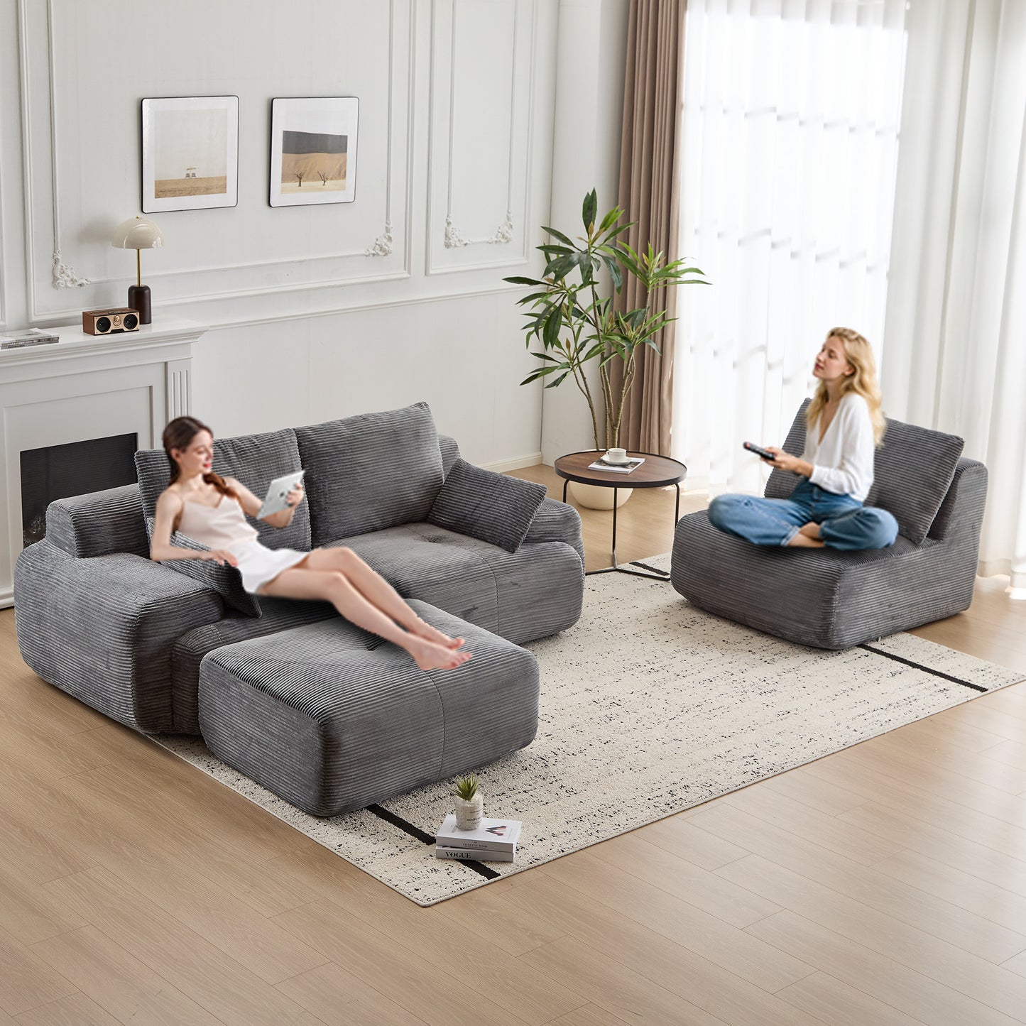 Moderne Kompressions-Matratzen-Sofa, Große Ecksofas für das Wohnzimmer, Haustierfreundliches Wolkenmodulares Ecksofa, Kordstoff, Extra Tiefes Zweiersofa, Keine Montage erforderlich, GRAU