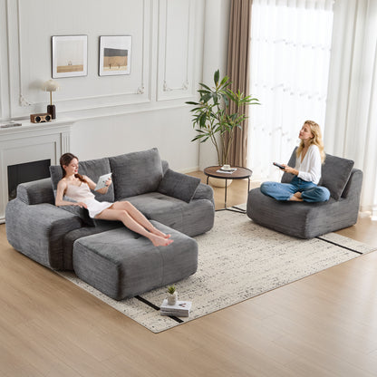 Moderne Kompressions-Matratzen-Sofa, Große Ecksofas für das Wohnzimmer, Haustierfreundliches Wolkenmodulares Ecksofa, Kordstoff, Extra Tiefes Zweiersofa, Keine Montage erforderlich, GRAU