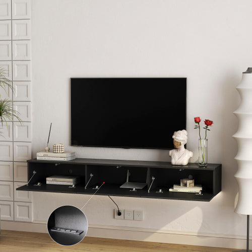 Floating TV Stand Wall Mounted With 16 Color LEDs,Modern TV Stand, Floating TV Cabinet Entertainment Center For 55 60 65 Inch TV,Black