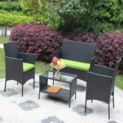 4er-PC-Rattan-Patio-Möbel-Set für den Außenbereich mit gepolsterten Sitzen Korbsofa mit grünem Polster