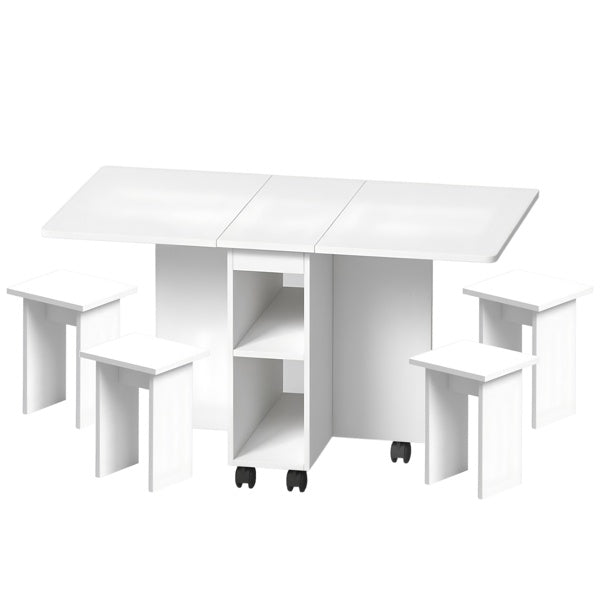 Folding Drop Leaf Dining Table Set For 4 With 4 Chairs, Space Saving Foldable Dining Table With Storage And 6 Wheels, 47.2 Inch D X 23.6 Inch W X 30.3 Inch H, White