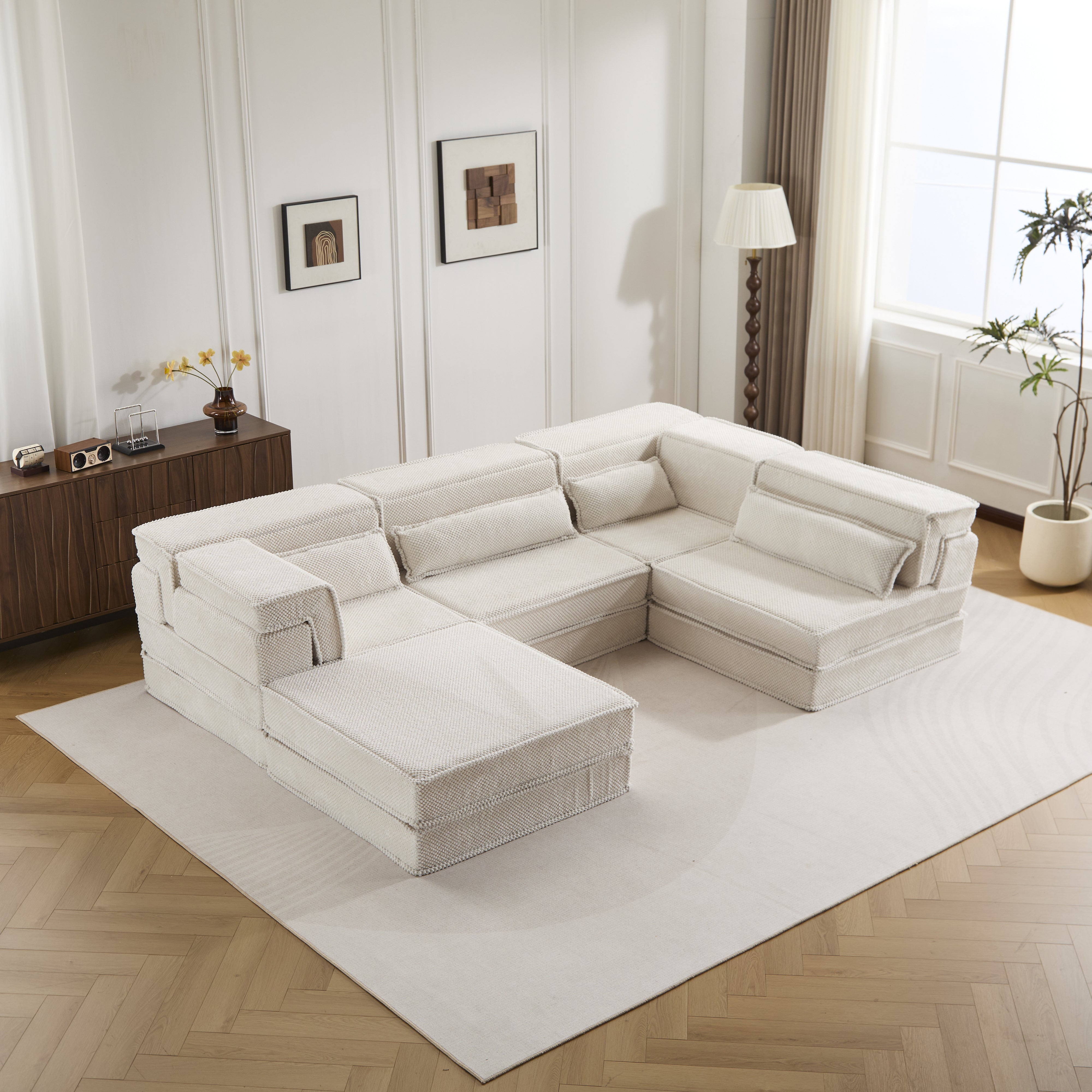 Kompressions-Mahjong-Sofa, umklappbares Boden-Sofabett, DIY knochenloses modulares Sektionssofa, keine Montage erforderlich, Kreisförmiger Fleece-Stoff, Überdimensioniertes 4-Sitzer-Sofa mit 1 Hocker, Weiß