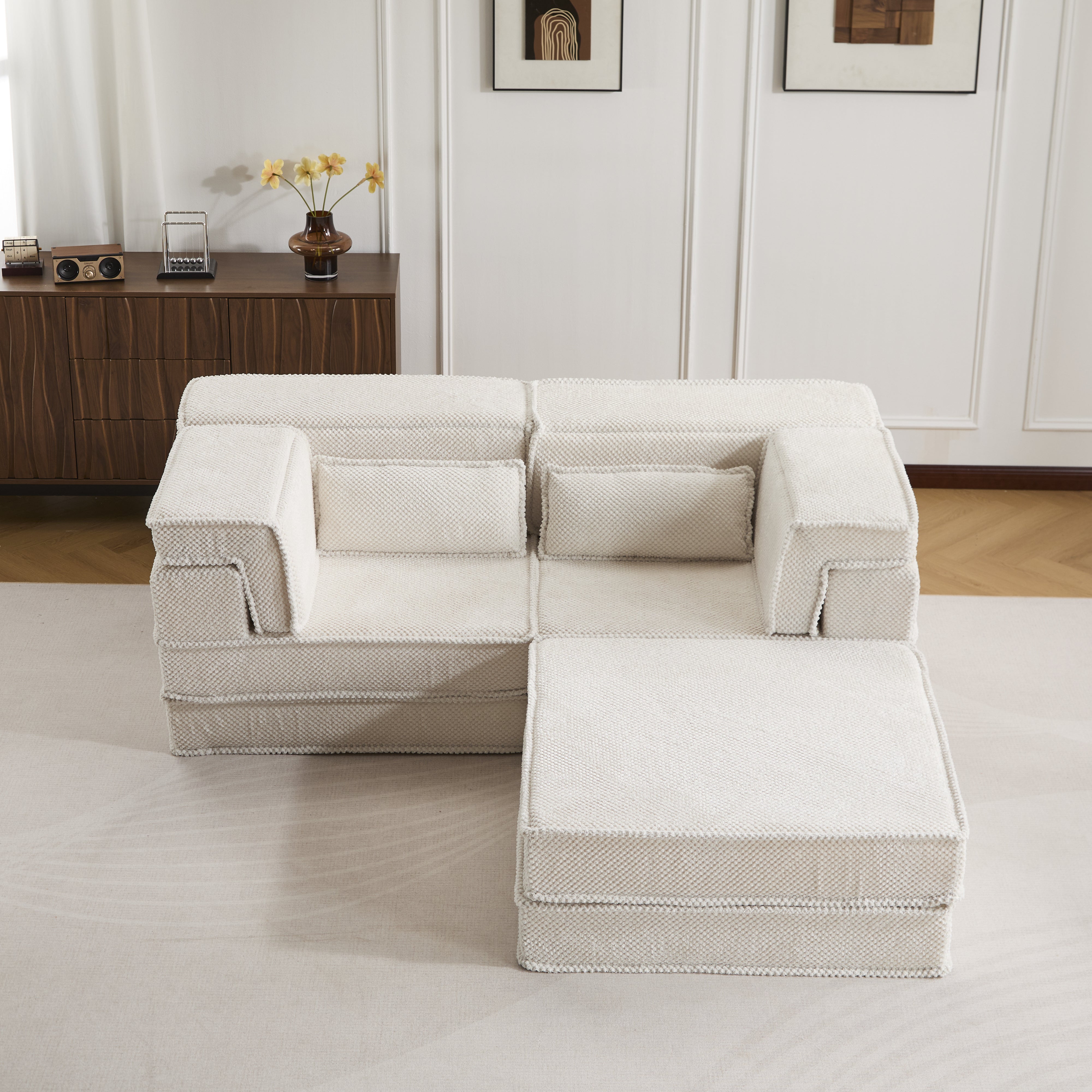 Kompressions-Mahjong-Sofa, Umwandelbares Boden-Sofa-Bett, DIY Knochenloses Modulares Sektionalsofa, Keine Montage Erforderlich, Kreisförmiger Fleece-Stoff, Überdimensioniertes 2-Sitzer-Sofa mit 1 Hocker, Weiß