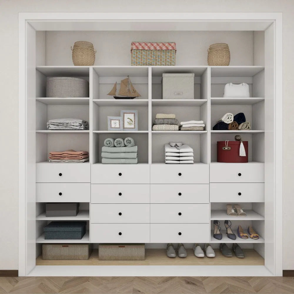 Schrankorganisationssystem, Wandmontierter Schrankaufbewahrungsbereich mit Schubladen und Regalen, Schrankaufbewahrung für das Schlafzimmer, Weiß