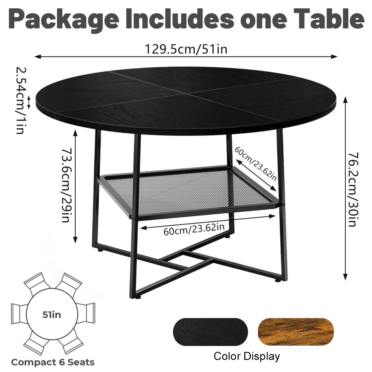 51-Zoll runder Esstisch für 4-6 Personen Tigerstreifen Schwarz Holzes Esstisch für das Esszimmer mit Stauraum-Regal Platzsparender runder Esstisch mit Metallbeinen für Küche Wohnzimmer Esszimmer Restaurant Möbel