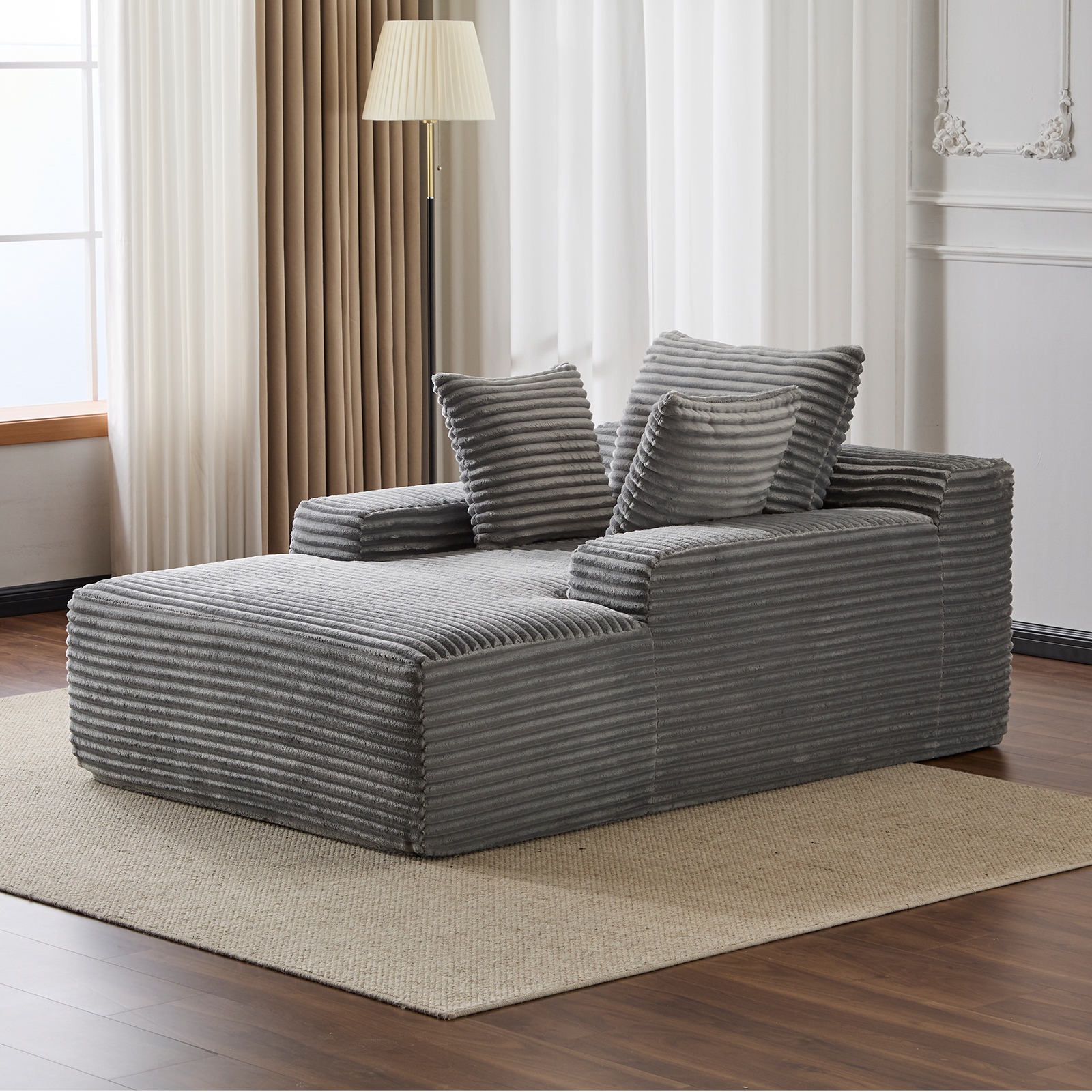 Überdimensionierter Chaiselongue-Sessel Gemütliche Wolken-Couch, Moderner Plüsch-Corduroy-Polsterter Schlafcouch-Tagbett mit 3 Dekokissen und breiter Armlehne für das Wohnzimmer, Keine Montage erforderlich, Grau