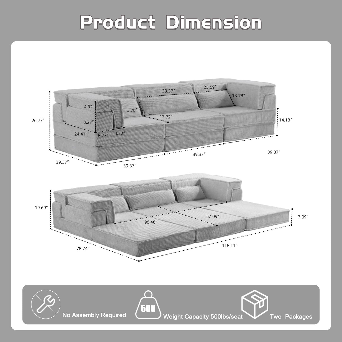 Kompressions-Mahjong-Sofa, umklappbares Boden-Sofabett, DIY knochenloses modulares Sektionssofa, keine Montage erforderlich, Kreis-Fleece-Stoff, überdimensioniertes 3-Sitzer-Sofa mit 3 Kissen, Hellgrau