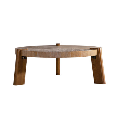 Wood Round Coffee Table For Living Room, Rustic Natural Coffee Table For Apartment, Easy Assembly