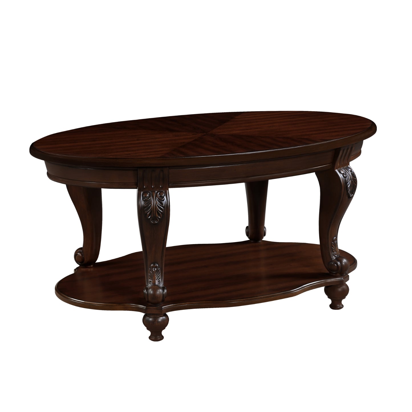 42'' Oval Wood Coffee Table For Living Room, 2-Tier Solid Wood Cocktail Table With Open Storage Shel