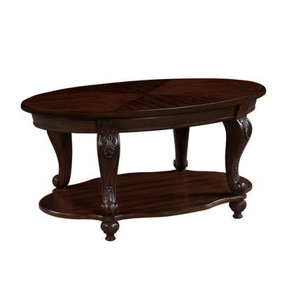 42'' Oval Wood Coffee Table For Living Room, 2-Tier Solid Wood Cocktail Table With Open Storage Shel