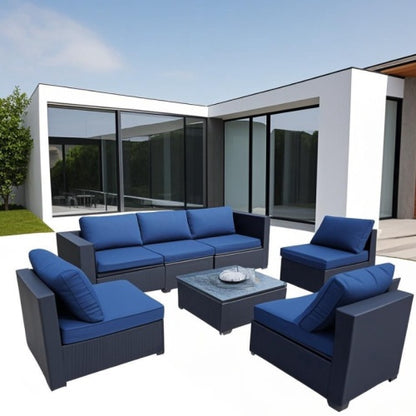 Siebenteiliges Sofaset mit Tisch und Sessel, Schwarz, PE-Rattan, Außenmöbel 7-JH001, Karton 3-1-2-3 mit blauen Sitzkissen
