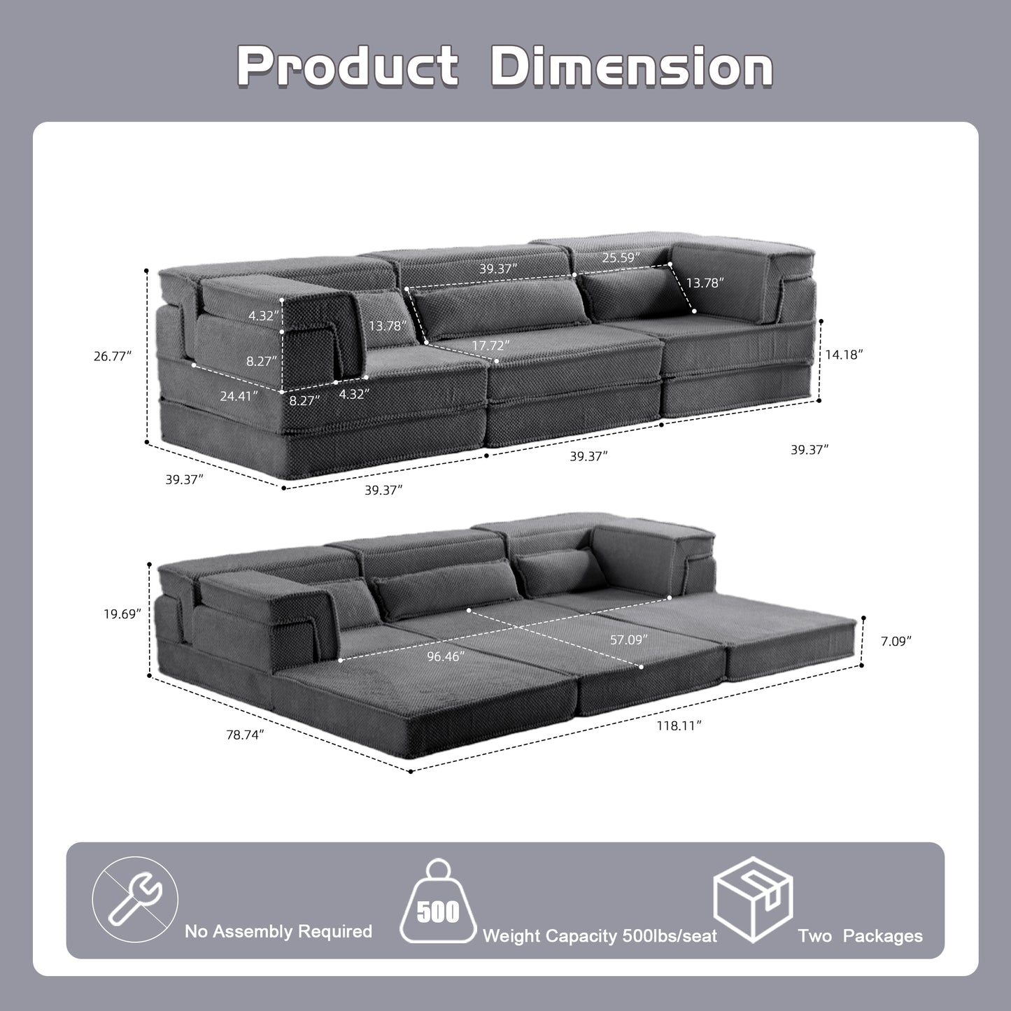 Kompressions-Mahjong-Sofa, umklappbares Boden-Sofabett, DIY knochenloses modulares Sektionssofa, keine Montage erforderlich, runder Fleece-Stoff, überdimensioniertes 3-Sitzer-Sofa mit 3 Kissen, Dunkelgrau
