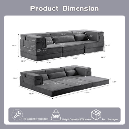 Kompressions-Mahjong-Sofa, umklappbares Boden-Sofabett, DIY knochenloses modulares Sektionssofa, keine Montage erforderlich, runder Fleece-Stoff, überdimensioniertes 3-Sitzer-Sofa mit 3 Kissen, Dunkelgrau